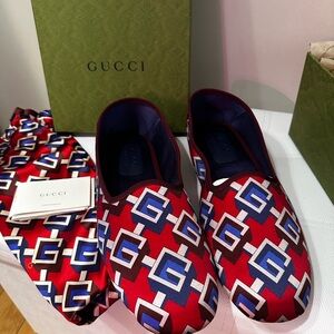 NWT Gucci Satin Voyage Eco Geometric Print Slippers